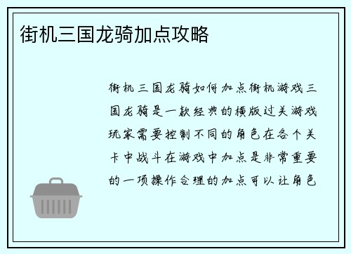 街机三国龙骑加点攻略