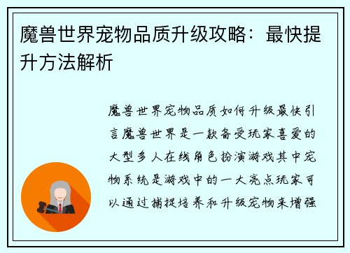 魔兽世界宠物品质升级攻略：最快提升方法解析